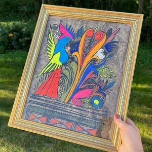 VTG Mexican Folk Art Amate Painted Tree Bark Flower Bird Gold Framed Wall Art